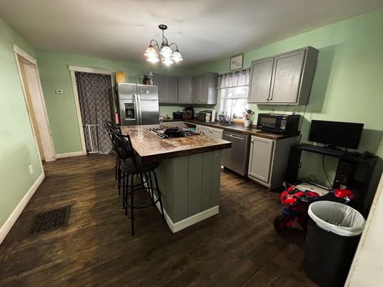 Chandelier, Interior, Kitchen, Stainless Steel Appliances, Wood Texture Flooring