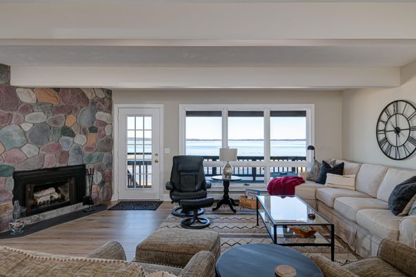 Fireplace, Interior, Living room, Stone Walls, Water, Wood Texture Flooring
