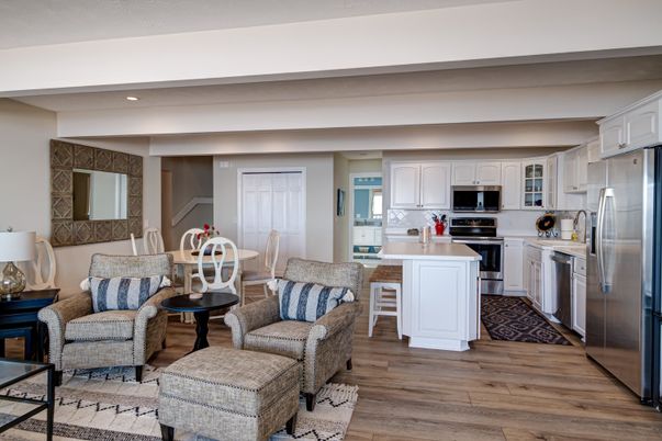 Interior, Kitchen, Living room, Recessed Lighting, Stainless Steel Appliances, Wood Texture Flooring