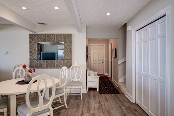 Dining room, Interior, Recessed Lighting, Wood Texture Flooring