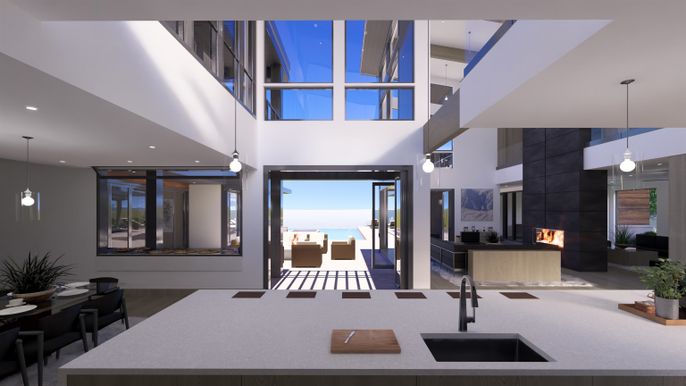 Dining room, Fireplace, Interior, Pendant Lights, Recessed Lighting, Water