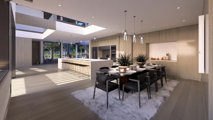 Dining room, Interior, Pendant Lights, Recessed Lighting, Wood Texture Flooring