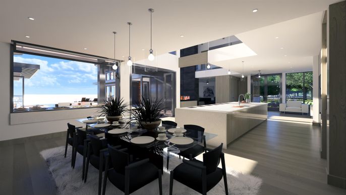 Dining room, Interior, Pendant Lights, Recessed Lighting, Wood Texture Flooring