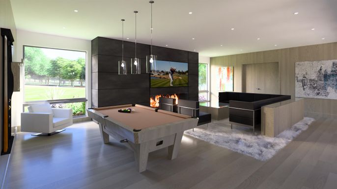 Billiard Table, Fireplace, Game Room, Interior, Pendant Lights, Recessed Lighting, Wood Texture Flooring
