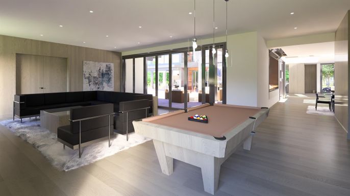 Billiard Table, Game Room, Interior, Living room, Pendant Lights, Recessed Lighting, Wood Texture Flooring