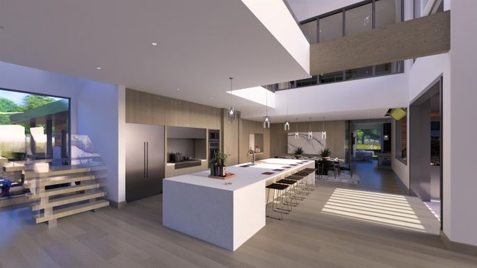 Interior, Kitchen, Pendant Lights, Recessed Lighting, Stainless Steel Appliances, Wood Texture Flooring