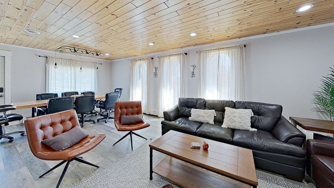 Dining room, Interior, Living room, Recessed Lighting, Wooden Ceilings, Wood Texture Flooring