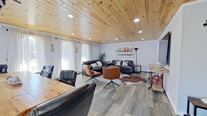 Dining room, Interior, Living room, Recessed Lighting, Wooden Ceilings, Wood Texture Flooring