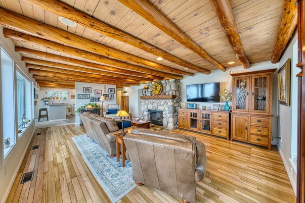 Fireplace, Interior, Living room, Recessed Lighting, Wooden Beams, Wooden Ceilings, Wood Texture Flooring