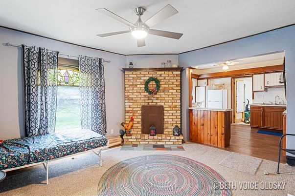 Fireplace, Interior, Kitchen, Stone Walls, Wood Texture Flooring