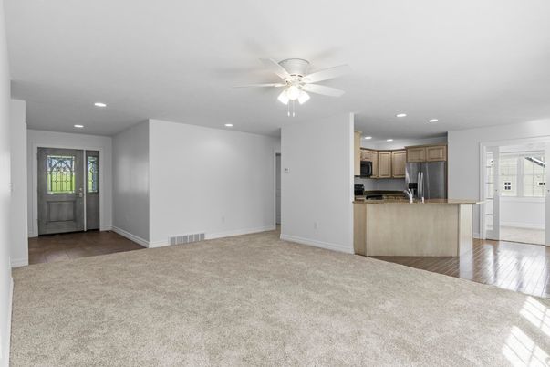 Empty room, Interior, Kitchen, Recessed Lighting, Stainless Steel Appliances