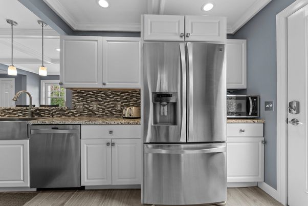 Interior, Kitchen, Pendant Lights, Recessed Lighting, Stainless Steel Appliances, Wood Texture Flooring