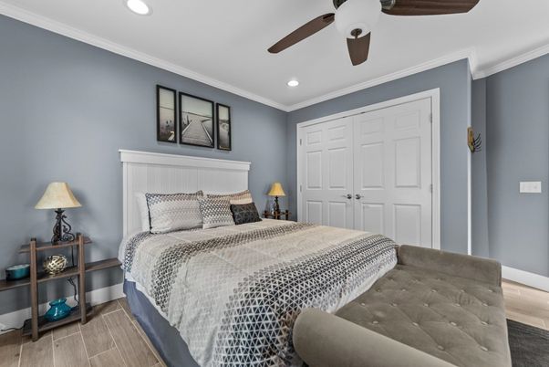 Bedroom, Interior, Recessed Lighting, Wood Texture Flooring