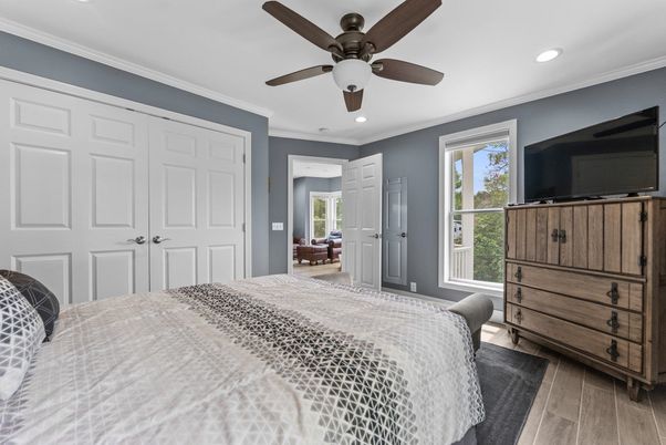 Bedroom, Interior, Recessed Lighting, Wood Texture Flooring