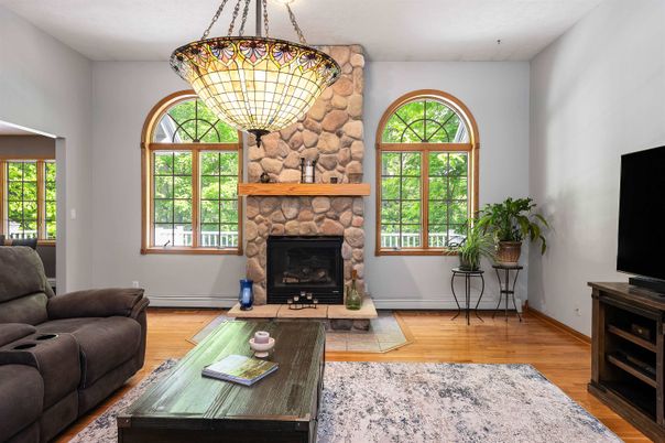 Fireplace, Interior, Living room, Pendant Lights, Stone Walls, Wood Texture Flooring