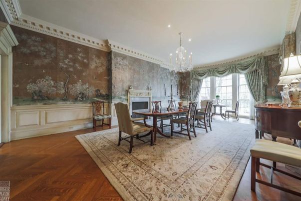Chandelier, Dining room, Fireplace, Interior, Piano, Recessed Lighting, Wood Texture Flooring