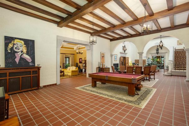 Billiard Table, Chandelier, Fireplace, Game Room, Interior, Pendant Lights, Wooden Beams