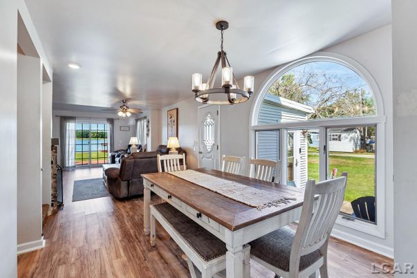 Chandelier, Dining room, Interior, Living room, Pendant Lights, Recessed Lighting, Wood Texture Flooring