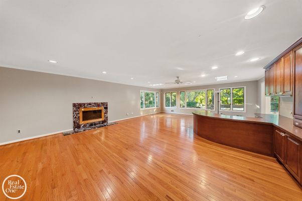 Empty room, Fireplace, Interior, Recessed Lighting, Wood Texture Flooring