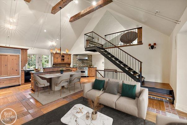 Dining room, Interior, Kitchen, Living room, Pendant Lights, Recessed Lighting, Wooden Beams