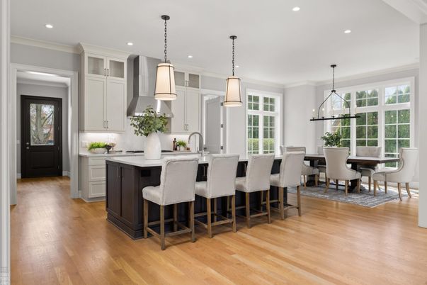 Dining room, Interior, Kitchen, Pendant Lights, Recessed Lighting, Wood Texture Flooring