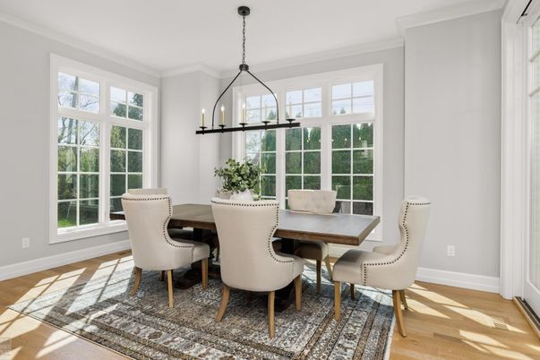 Dining room, Interior, Pendant Lights, Wood Texture Flooring