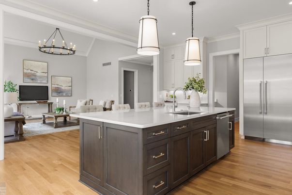 Chandelier, Interior, Kitchen, Living room, Pendant Lights, Recessed Lighting, Stainless Steel Appliances, Wood Texture Flooring