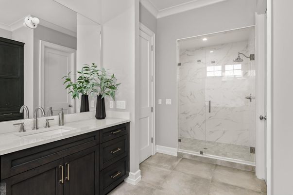 Bathroom, Glass Shower, Interior, Marble Walls, Recessed Lighting