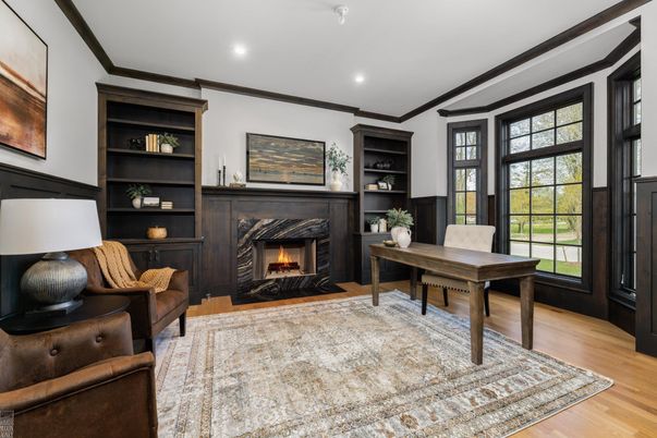 Fireplace, Home Office, Interior, Recessed Lighting, Wood Texture Flooring