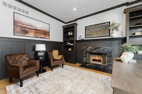 Fireplace, Interior, Recessed Lighting, Wood Texture Flooring