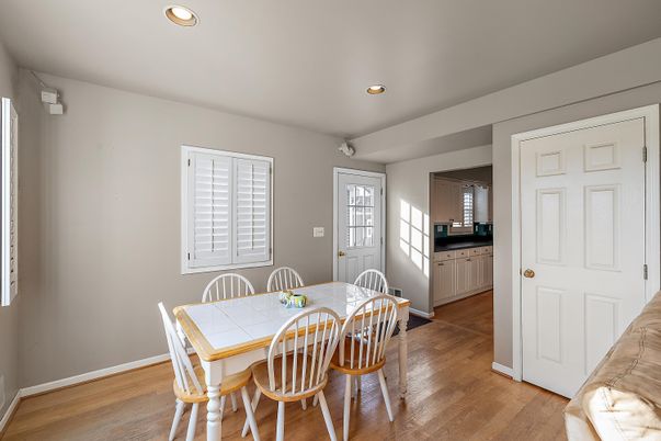 Dining room, Interior, Recessed Lighting, Wood Texture Flooring