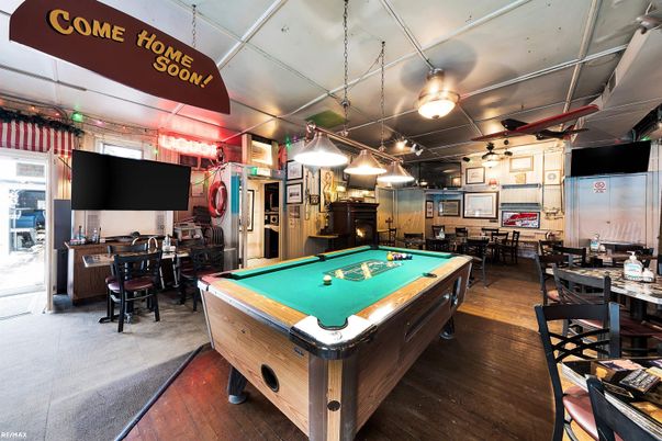 Billiard Table, Dining room, Game Room, Interior, Kitchen, Pendant Lights, Wood Texture Flooring