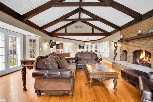 Fireplace, Interior, Living room, Stone Walls, Wooden Beams, Wood Texture Flooring
