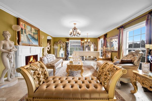 Chandelier, Dining room, Fireplace, Interior, Living room