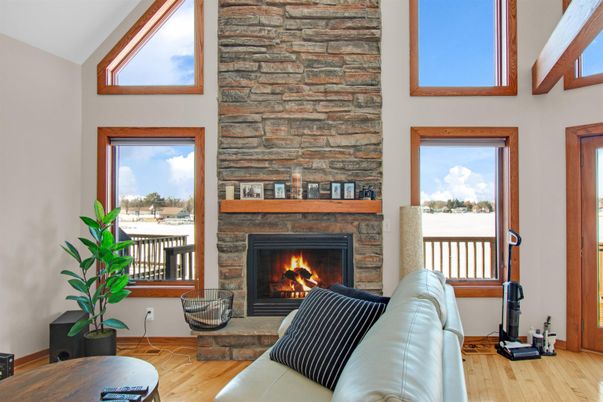 Fireplace, Interior, Living room, Stone Walls, Wood Texture Flooring