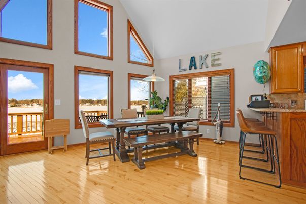 Dining room, Interior, Pendant Lights, Wood Texture Flooring