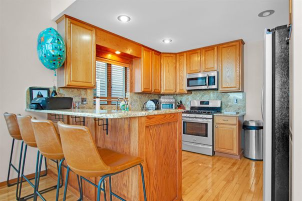 Interior, Kitchen, Recessed Lighting, Stainless Steel Appliances, Wood Texture Flooring