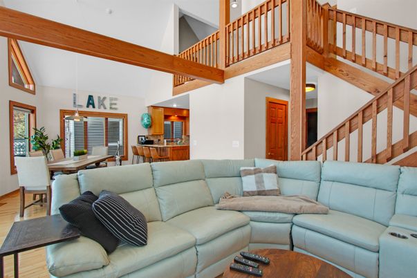 Dining room, Interior, Living room, Pendant Lights, Wooden Beams, Wood Texture Flooring