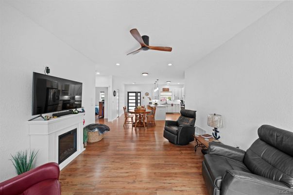 Dining room, Fireplace, Interior, Kitchen, Living room, Pendant Lights, Recessed Lighting, Wood Texture Flooring