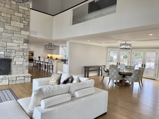 Dining room, Fireplace, Interior, Kitchen, Living room, Pendant Lights, Recessed Lighting, Stone Walls, Wood Texture Flooring