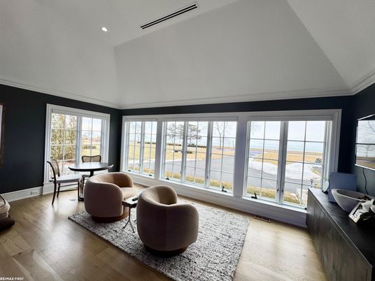 Dining room, Interior, Living room, Recessed Lighting, Water, Wood Texture Flooring