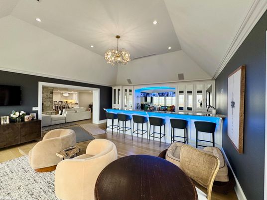 Chandelier, Interior, Living room, Recessed Lighting, Wood Texture Flooring