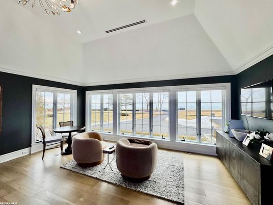 Dining room, Interior, Living room, Recessed Lighting, Water, Wood Texture Flooring
