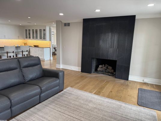 Dining room, Fireplace, Interior, Kitchen, Recessed Lighting, Wood Texture Flooring
