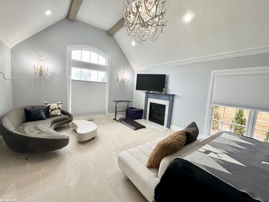 Fireplace, Interior, Living room, Recessed Lighting, Wooden Beams