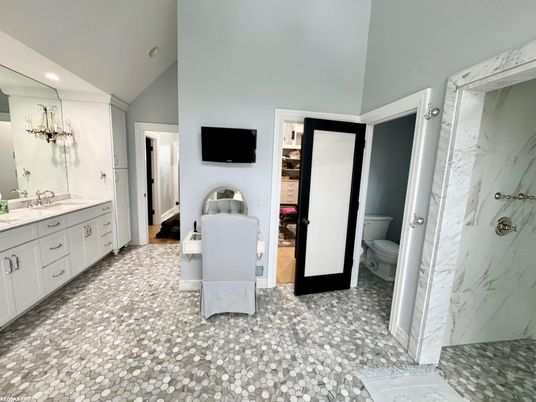 Bathroom, Dual Sink Vanities, Interior, Marble Walls, Recessed Lighting
