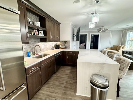Interior, Kitchen, Living room, Pendant Lights, Wood Texture Flooring