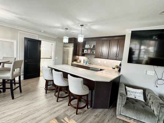 Interior, Kitchen, Pendant Lights, Wood Texture Flooring