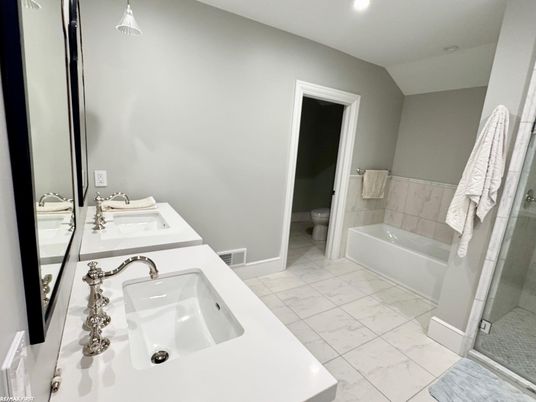 Bathroom, Dual Sink Vanities, Interior, Marble, Recessed Lighting