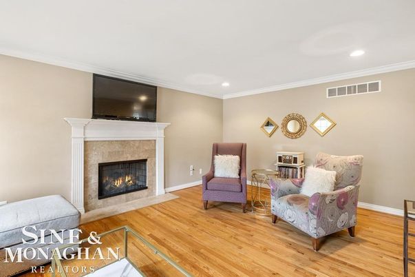 Fireplace, Interior, Living room, Recessed Lighting, Wood Texture Flooring